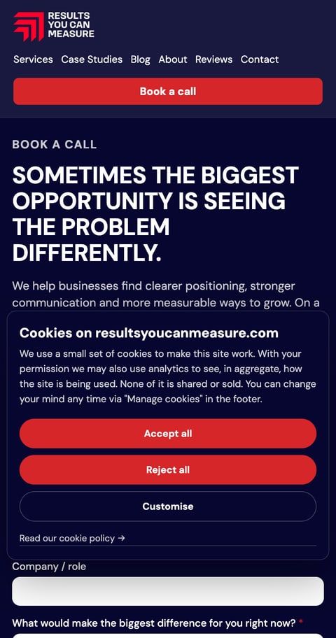 The same contact form viewed on a mobile browser, full-width below the page intro copy.