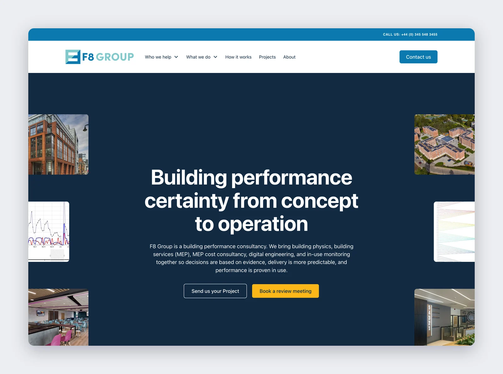 F8 Group desktop homepage: 'Building performance certainty from concept to operation' with a plain-English explainer