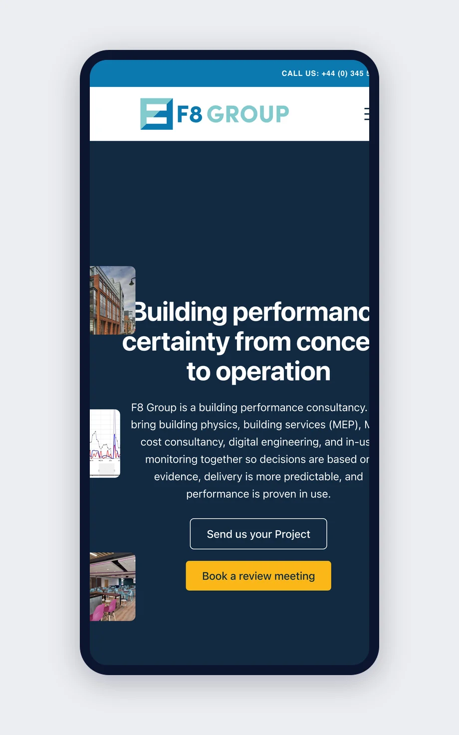 F8 Group site on mobile showing the 'Who we help' audience navigation