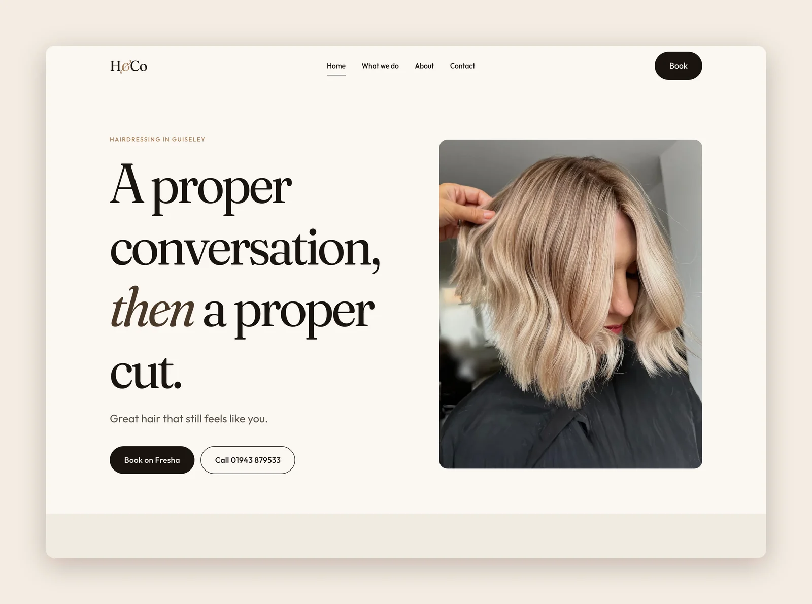 H&Co Hairdressing desktop homepage: serif headline, warm cream palette and the salon's own client photography