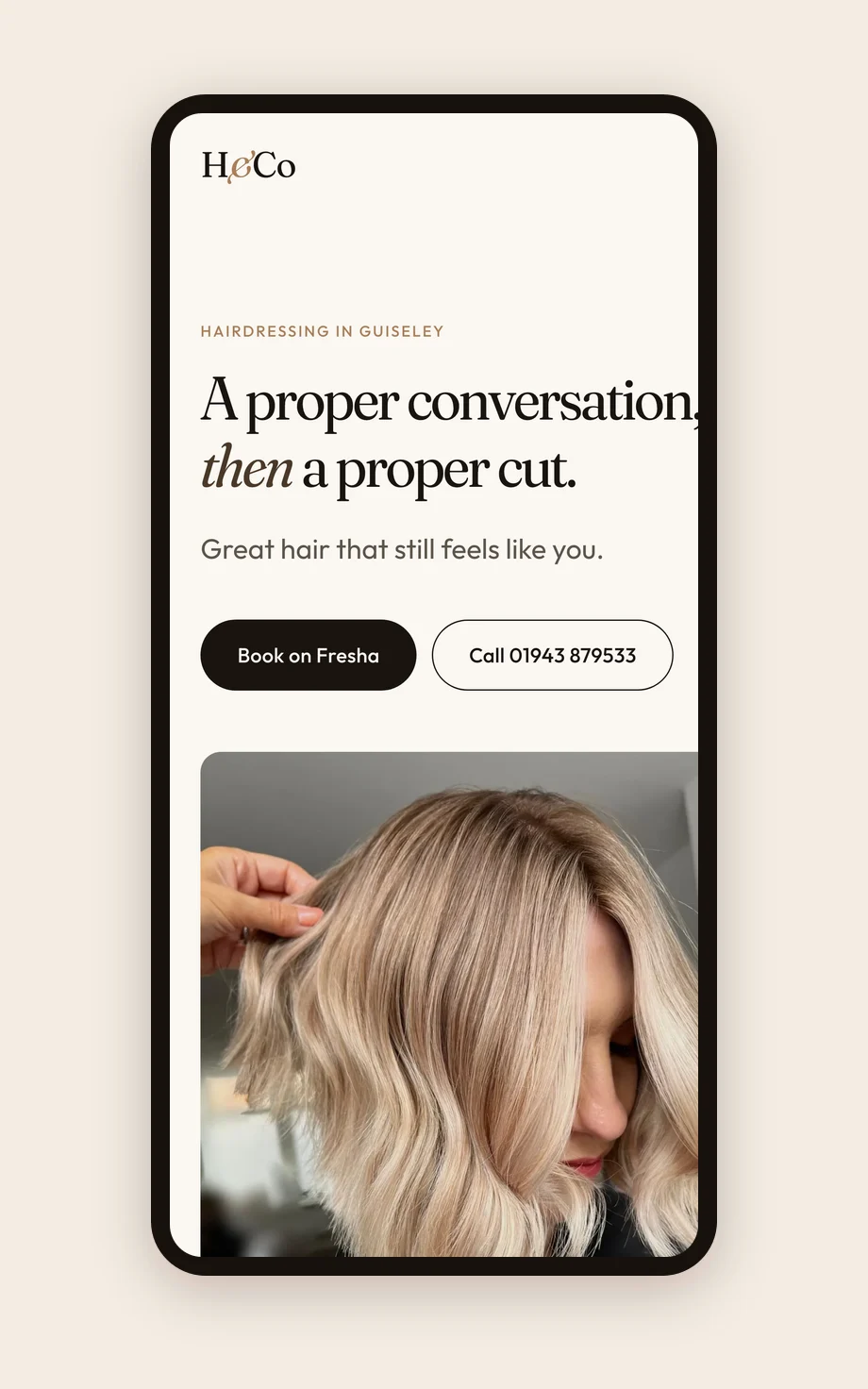 H&Co Hairdressing site shown on a phone, hero and booking buttons above the fold